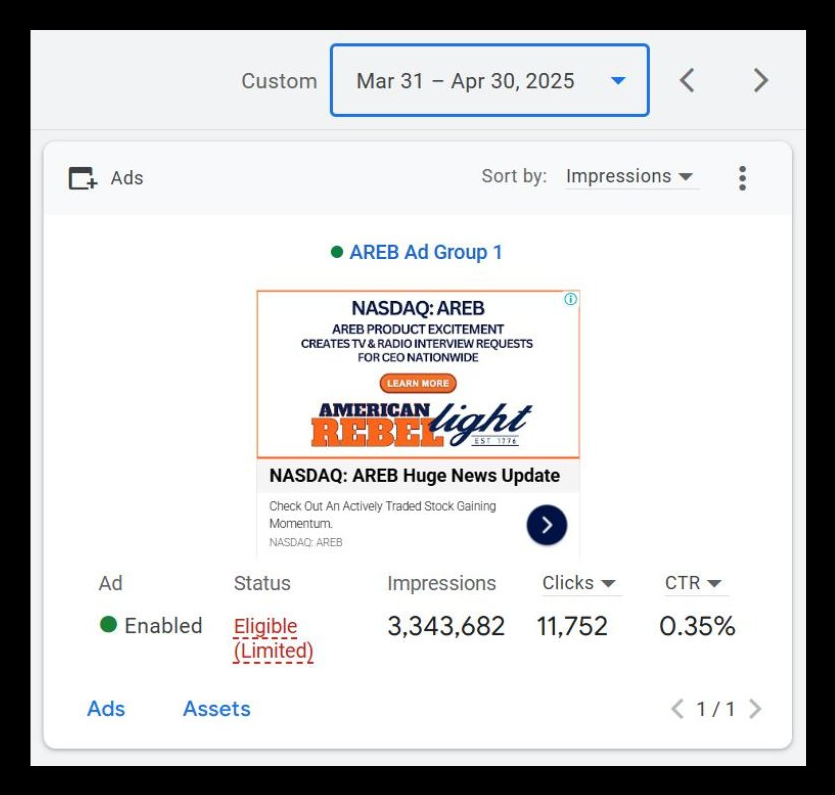 Google Ads dashboard — AREB campaign Mar 31–Apr 30, 2025