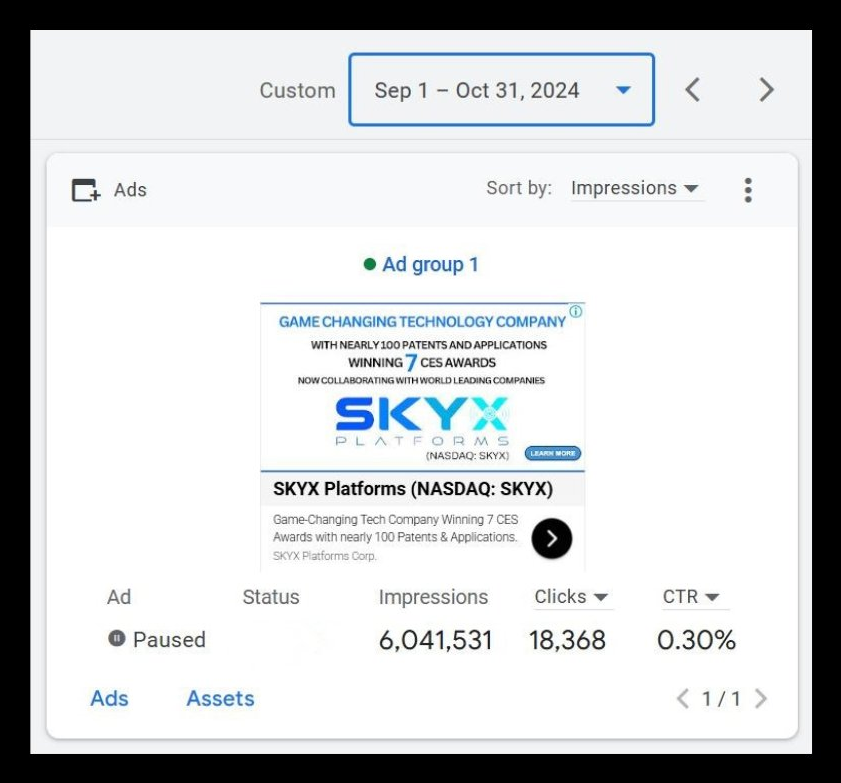Google Ads dashboard — SKYX campaign Sep–Oct 2024